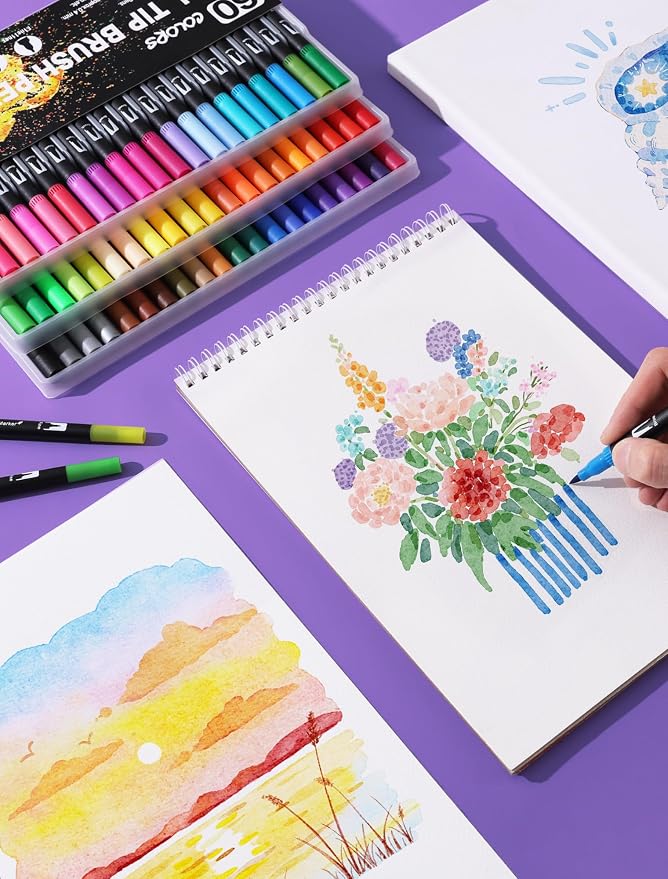 60 Colors Dual Tip Watercolor Markers Pens for School Supplies-Brush & Fine | Coloring Markers No Bleeding for Adult Coloring Books Calligraphy Card Making Sketching Journaling Note Taking Planner Travel