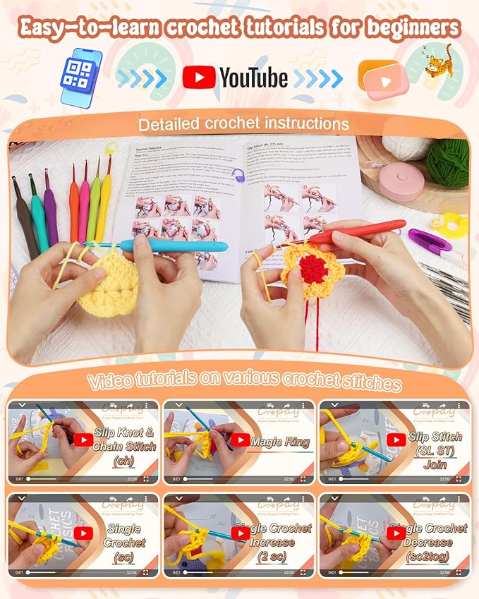 Coopay Crochet Kit for Beginners Adults Kids w/Step-by-Step Instructions | Complete Beginner Crochet Kit with Ergonomic Crochet Hooks Set,Upgrade Yarn and Portable Storage Case-2026 Ideal Gift