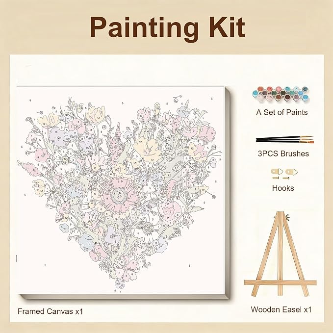 Gemozaic Flowers Paint by Numbers Kit for Adults with Frame and Easel, Heart Shaped Flowers Framed Adults' Paint by Number Kits for Mother's Day Gift,Home, Wall Decor, 8x8 Inch