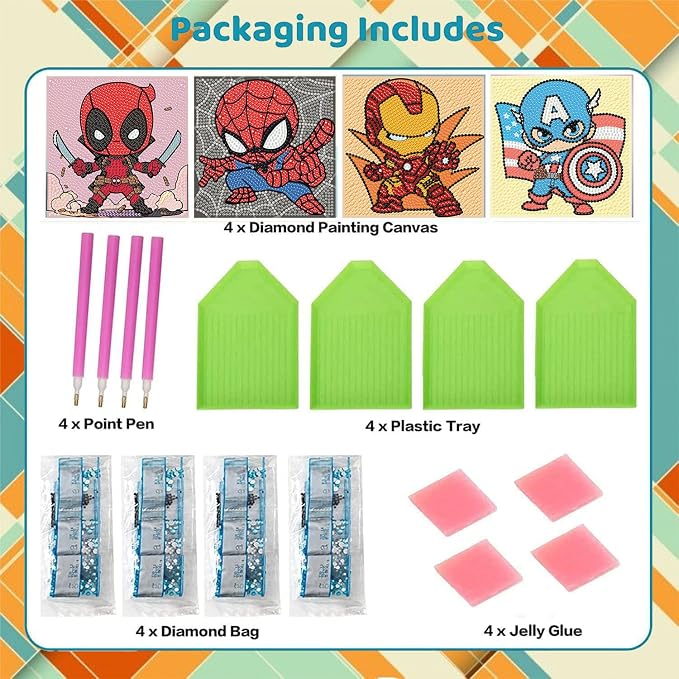 Sretoul 4 Pack Cartoon Diamond Art Kits for Kids 6X6 inch Without Frame | Cartoon Diamond Art Painting Kits for Girls, Crafts for Kids Ages 4-8 Cute Gem Arts for Kids Ages 4 8 12 for Home Wall Decor