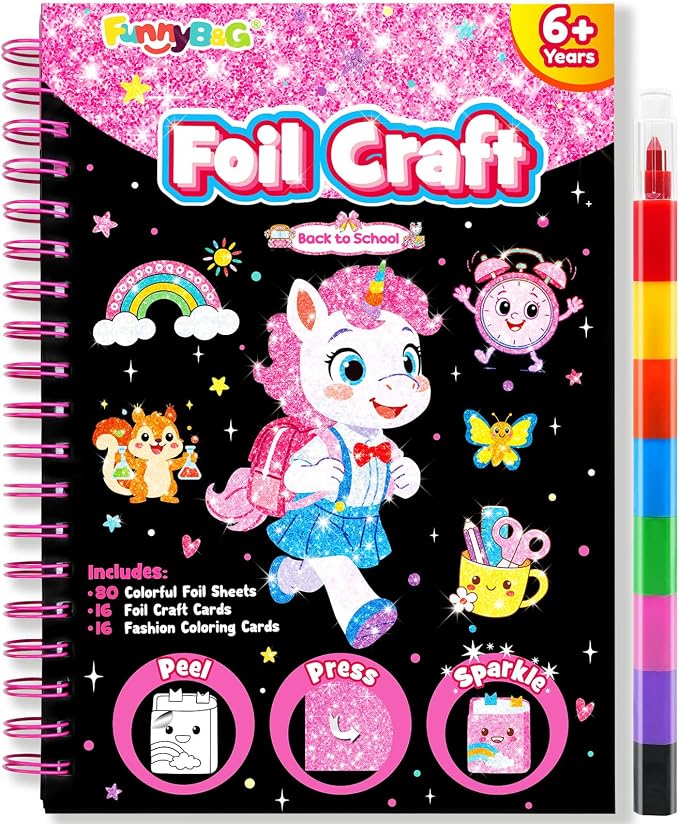 FUNNYB&G Foil Art Craft Kit for Kids, Sparkly Birthday Gift Toy for Girls | No Mess, Kids Ages 4-10 Create Sparkling Artwork, A Creative Gift for Birthdays, Holidays, Travel Activities,Screen-Free Fun