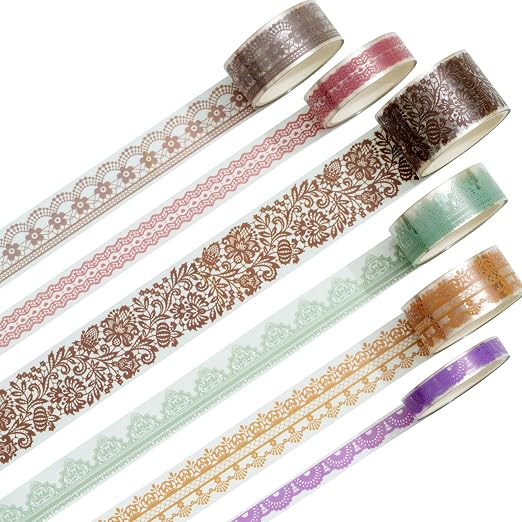 6 Rolls Lace Patterns PET Tapes Floral Arts Decorative Tape Set Adhesive Transparent Masking Tapes for DIY Craft, Kids, Scrapbook, DIY, Gift Wrapping, Journal (Gentle and Graceful)