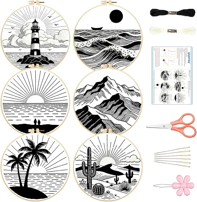 BEUNITONE 6PCS Beginner Embroidery Kit for Adults, Minimalist Black and White Style Pre-Stamped Pattern Needlepoint Kits with Hoops & Instruction, Hand Embroidery Kits for Fabric and Home Decor 7.9"