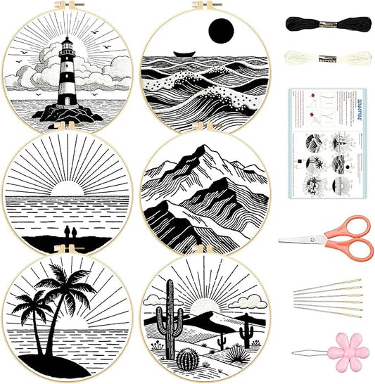 BEUNITONE 6PCS Beginner Embroidery Kit for Adults, Minimalist Black and White Style Pre-Stamped Pattern Needlepoint Kits with Hoops & Instruction, Hand Embroidery Kits for Fabric and Home Decor 7.9"