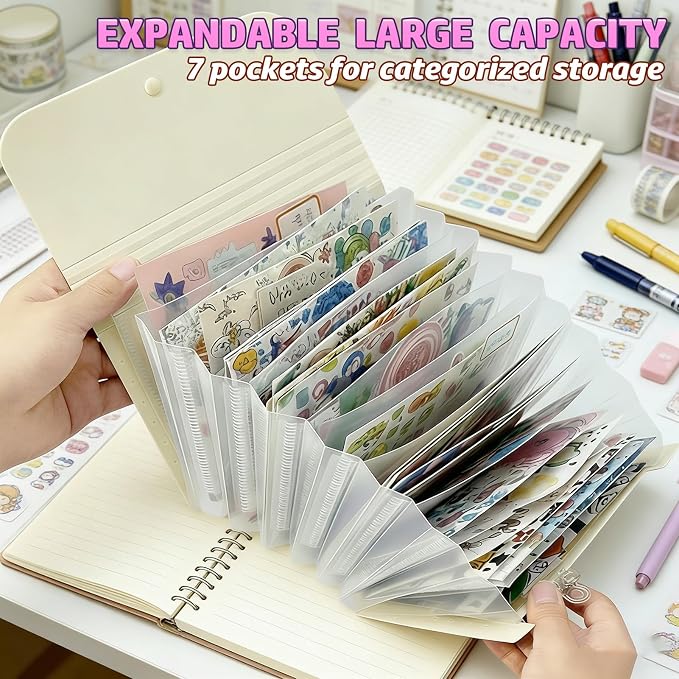 Sticker Storage Organizer with 7 Expandable Pockets, A6 Multi-Layer Desktop Sticker Binder for Scrapbook Essentials and Journal Organizer, Large Capacity for Thick Sticker Album, Washi Tape(Black)
