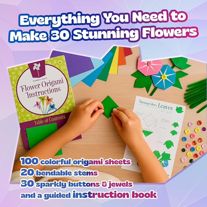 Pinwheel Crafts Flower Origami Kit for Kids Ages 8-12 | 150 Pcs Origami Paper Kit w/Multicolor Folding Papers, Chenille Stems,Buttons and Jewels, Arts and Crafts Paper Book for Kids Ages 6+ | 100 multicolor folding sheets, 20 chenille stems, 30 buttons...