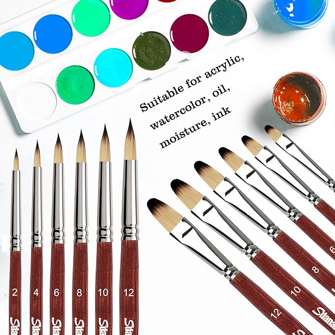 Sdanart 12 pcs Acrylic Paint Brushes Set,Round Pointed Tip Filbert Brush | 6 Round Pointed Tip Paintbrushes and 6 Filbert Artist Paintbrush for Watercolor,Acrylics,Oil,Gouache,Ink Artists Beginners