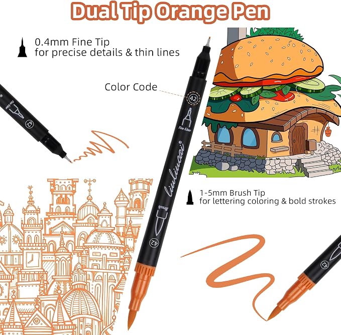 LIULIUCAI 10 Orange Dual Marker, Fine & Brush Tip Pen for Adult Coloring