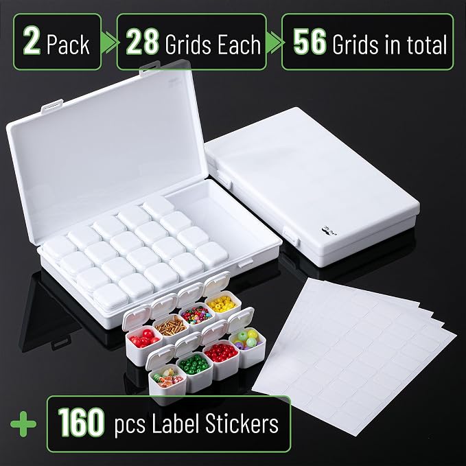 Mr. Pen- Bead Storage Containers, 28 Grids, 2 Pack, White | 160 pcs Label Stickers, Transparent, Small Bead Organizer Box, Diamond Art, Diamond Painting Organizer