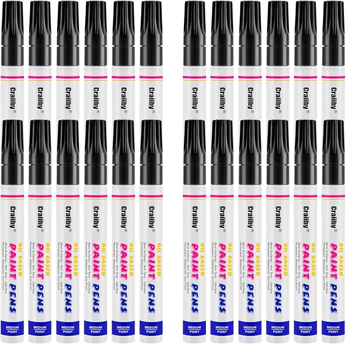 Black Paint Markers, 24 Pack Oil-Based Waterproof Quick Dry Permanent Paint Pen Set for Rocks Painting, Wood, Fabric, Plastic, Canvas, Glass, Mugs, Metal, Tire, Stone, DIY Craft