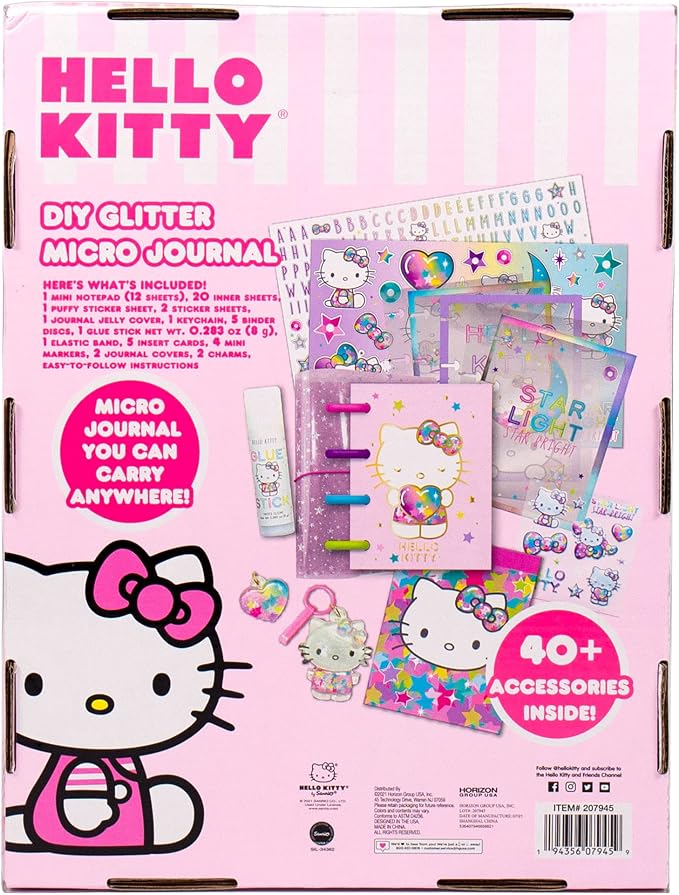 Hello Kitty DIY Glitter Micro Journal by Horizon Group USA, 40+ Stationery Accessories Including Hello Kitty Stickers, Surprise Keychain, Interchangeable Binder Discs, Squishy Glitter Cover & More