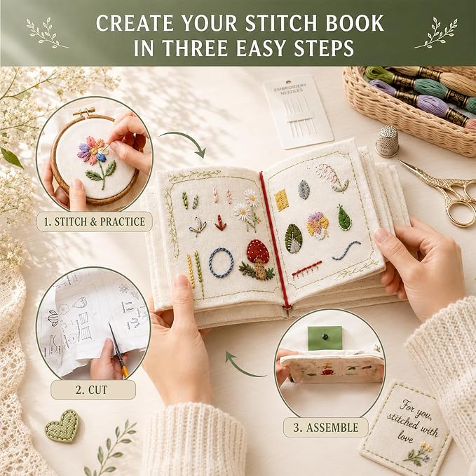 Cikeela Embroidery Stitch Book Beginner with Fabric Pages, 31 Essential Stitches in Structured Learning Order for Adults, DIY Sewing Kit with Floral Motifs, Practice Patterns EmbroideryStitch Book Kit