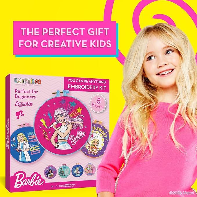 Barbie® Embroidery Kit for Kids Ages 8-12 - 8 Beginner Designs, 2 Hoops