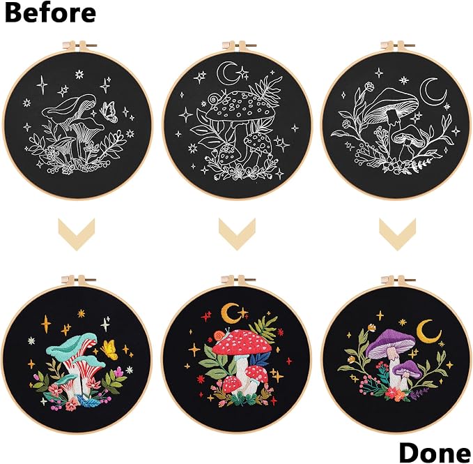 Nuberlic 3 Pack Embroidery Kit for Beginners, Mushroom Cross Stitch Kit
