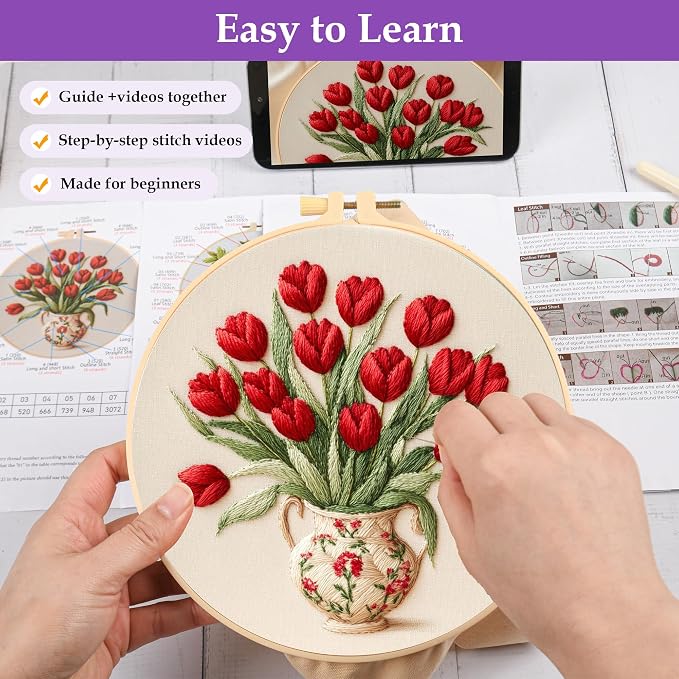 3 Pack Embroidery Kit for Adult Beginners, Needlepoint Cross Stitch Kits with Flower and Green Plant Stamped Patterns, Embroidery Hoop, Tools,Colorful Threads,Step by Step Instructions,DIY Starter Kit