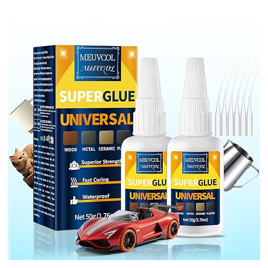 Meuvcol Super Glue All Purpose 100g - Instant & Waterproof Superglue for Plastic, Ceramic, Wood, Shoe, Glass, Leather, Rubber, Shoe Ca Glue - Strong & Clear Liquid Cyanoacrylate Adhesive, 6 Nozzles