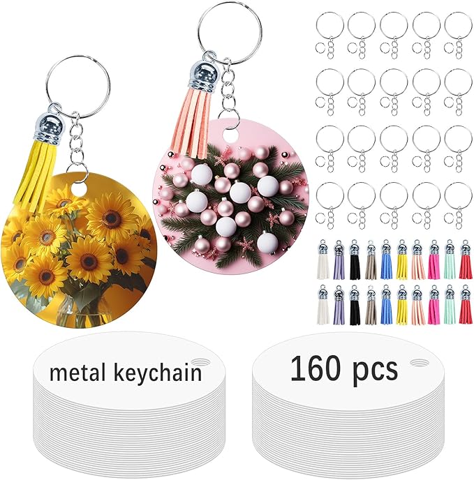 GEKIXUTP 160 Pcs metal Sublimation Keychain Blanks Bulk,Double Sided Sublimation Blanks Keychain Heat Transfer Keychain Blanks with Tassels,Sublimation Ornament Blanks key chain round