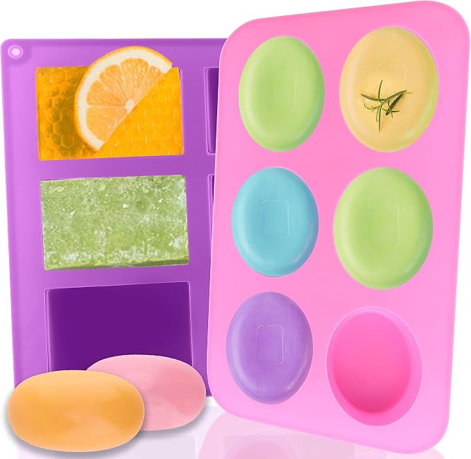 Lerykin Silicone Soap Molds, Oval & Rectangle Soap Bar Mold, 6 Cavities DIY Mould for Homemade Craft Soap, Pudding, Muffin, Chocolate, Brownie, Cornbread, Cheesecake, Cake & Ice Cube - Just Pop Out