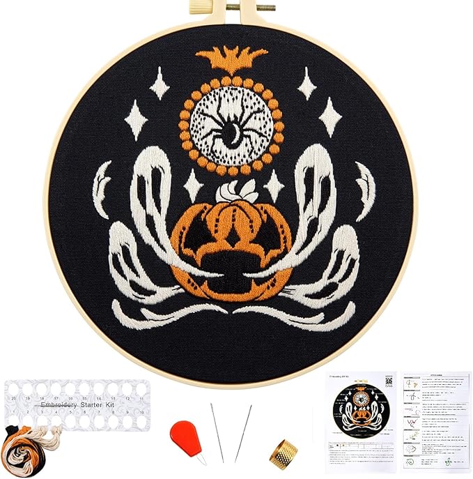Halloween Embroidery Kits for Beginners Adults, Ghost Embroidery Starter Kits, Halloween Cross Stitch Kits for Beginners Adults Hobbies for Women, Embroidery Fabric, Threads, Hoops and Video Tutorial