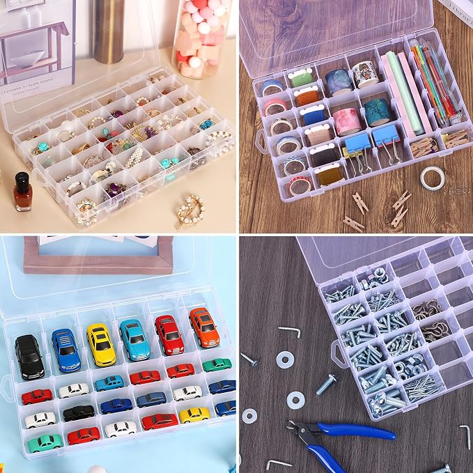 Bead Organizer Storage 8 Pack 36 Grid Jewelry Tackle Craft Box Adjustable | Clear Plastic, Adjustable Dividers, Label Stickers Included, for Beads Jewelry Crafts Fishing Tackle and Small Parts