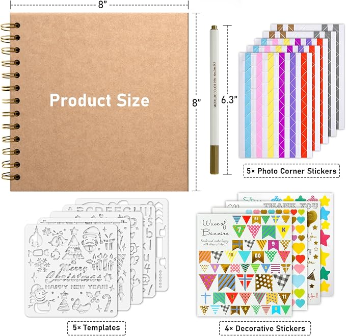 GOTIDEAL 8 x 8 Inch Scrapbook Album with Metallic Markers, Yellow, 40 Pages | Kraft Paper Photo Albums for Wedding & Anniversary, Family DIY Scrap Books with Scrapbooking Stickers Corners