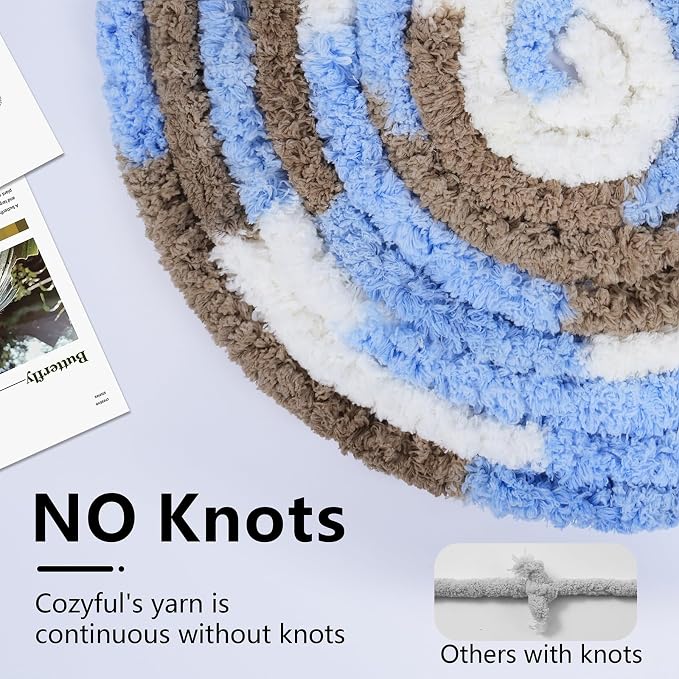 Cozyful Chunky Yarn for Hand Knitting - #10 Chunky Chenille Blanket Yarn, Jumbo Big Thick Chunky Yarns for Crocheting, Tie Dye Bulky Knit Yarns, 8 Skein (20 yds 8 oz Each Skein), Khaki & Blue & White