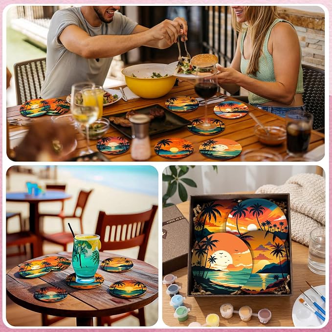 Reallnaive 8 Pcs Beach Paint by Numbers Kit for Adults Coastal Coasters | Mini Paint by Numbers, Tiny Palm Trees Sunset Round Oil Painting Drink Coaster with Holder, for Small DIY Craft Birthday Gift