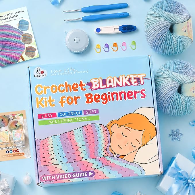 Aeelike Crochet Blanket Kit for Beginners, Easy Blanket Crochet Kits, Blue