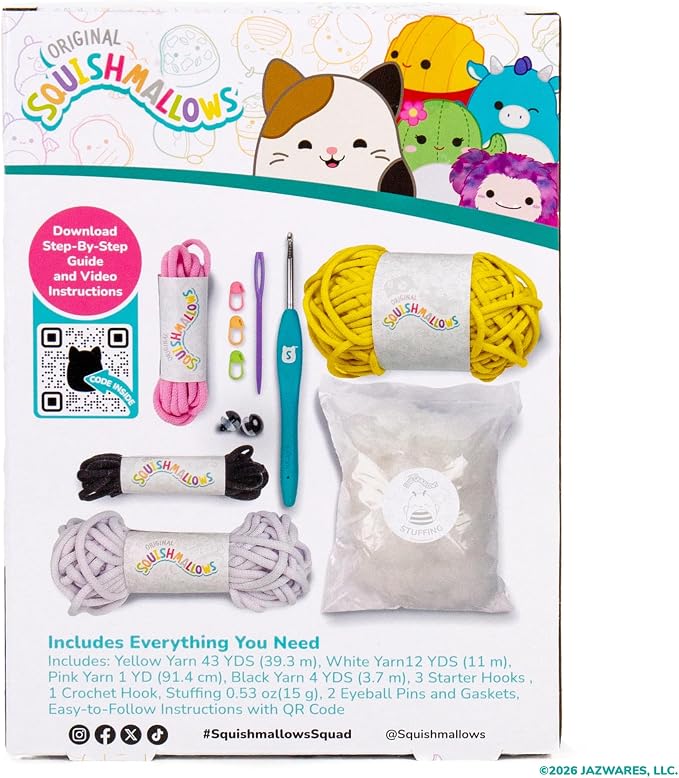 Original Squishmallows™ Crochet Kit – Sunny Bag Charm, Bumblebee Crochet Kit for Beginners with Yarn, Starter Hooks, Step-by-Step Tutorials, DIY Craft, Great Teen Gifts