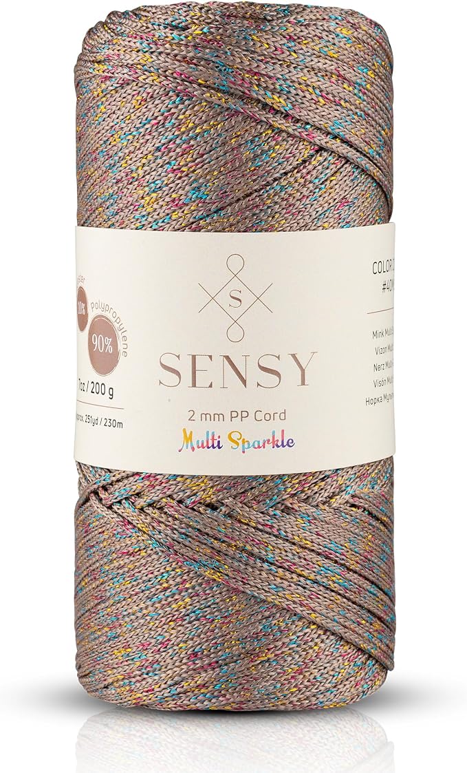 Sensy Premium 2mm 251 Yards Sparkle Polyester Rope 90% Polypropylene 10% Polyester Cord Macrame Cord 2mm Crochet Bag Cord Macrame Rope Crochet Thread for Knitter (Mink Multi Sparkle)
