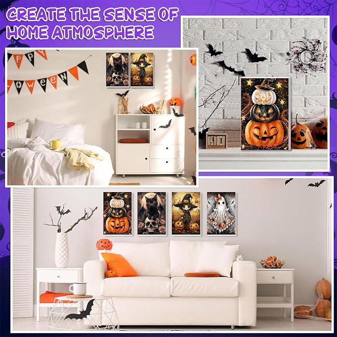 Paint by Numbers for Adults Halloween with Framed Canvas - Wooden Easel | 4 Pack Halloween Paint by Number on Canvas, DIY Acrylic Oil Painting Kits with Brushes for Home Wall Decor (8x12 inch)