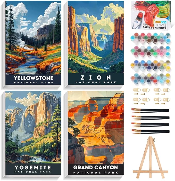 4 Pack Framed Paint by Numbers Kit for Adults with Wooden Easel, 8x12 Inch | National Parks, Easy DIY Acrylic Canvas Craft Kit with Frame for Beginners, Home Decor, Stress Relief Relaxing Hobby Gift