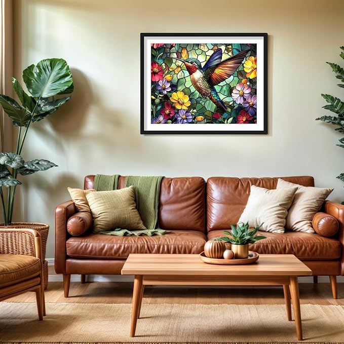 PINFFSHU Hummingbird Diamond Art Paintings Flowers 5D Diamond Painting Kits for Adults DIY Stained Glass Diamond Art Kits Full Drill Gem Art Crafts for Adults Bird Wall Art Decor Gift 16x12 Inch