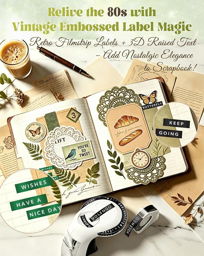 Embossing Label Maker, Scrapbook Junk Journal Supplies Embossed Label Maker | Vintage Manual Label Embosser with 10-Roll Color 3D Tapes, Scrapbooking Stickers for Instant Photo/DIY Craft, VolenGo Omega-S