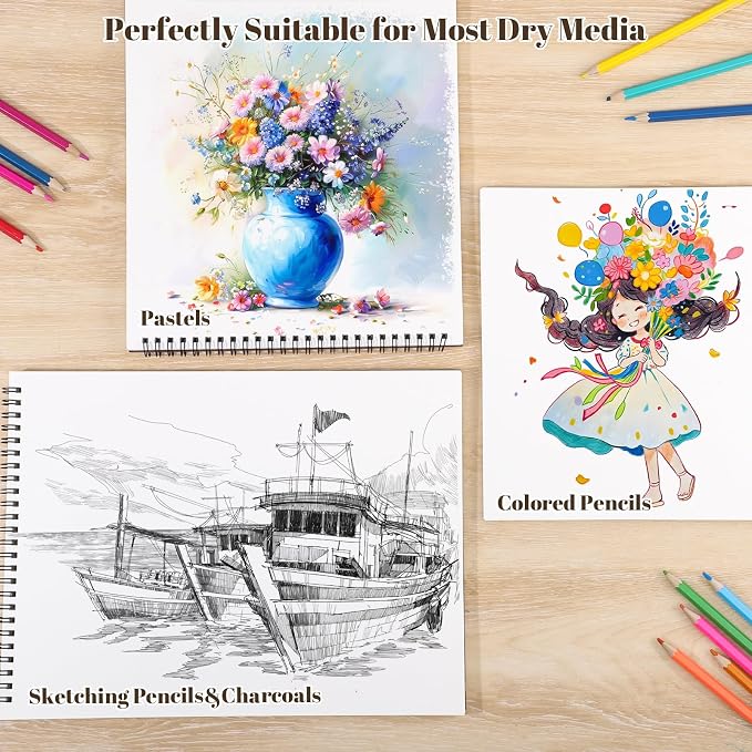 4 Pack Sketch Books 9 × 12 in, Top Spiral, 30 Sheets Each, Drawing Pad | 100gsm Acid-Free Paper, Hardcover with Rigid Backboard, Lay-Flat Top Spiral, for Sketching, Drawing & Dry Media