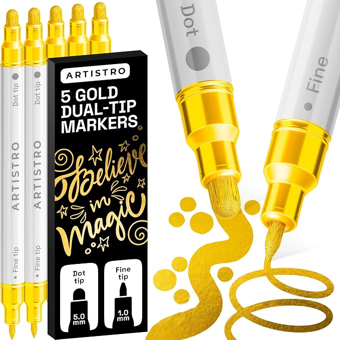 ARTISTRO Gold Dual-Tip Acrylic Paint Marker Pens - Set of 5 | For Fabric, Rock, Glass, Wood, & Coloring Books, Arts & Crafts Gift, Classroom Must Haves & School Supplies (Dot & Fine Tips)