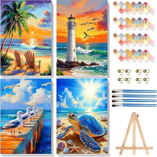 4 Pack Beach Paint by Numbers for Adults with Framed Canvas 8x12 inch | Beach Adult Paint by Number Kits on Canvas with Wooden Easel, DIY Acrylic Oil Painting by Numbers for Gift Home Decor