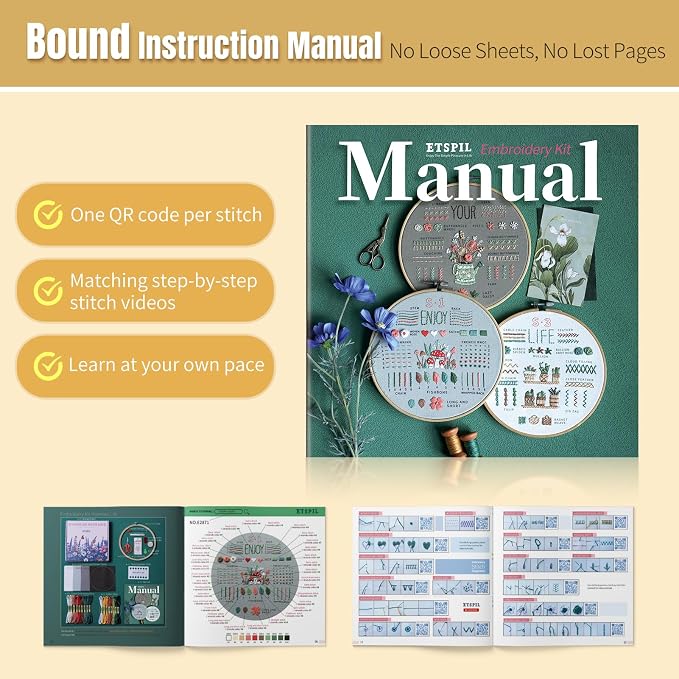 ETSPIL Embroidery Kit for Beginners, 4K Step-by-Step Video, Adults, Gift | 33 Stitches, No-Wash Pre-Printed Pattern, Magnetic Needle Minder, Bound Guide & Storage Tube - Calming Craft for Women