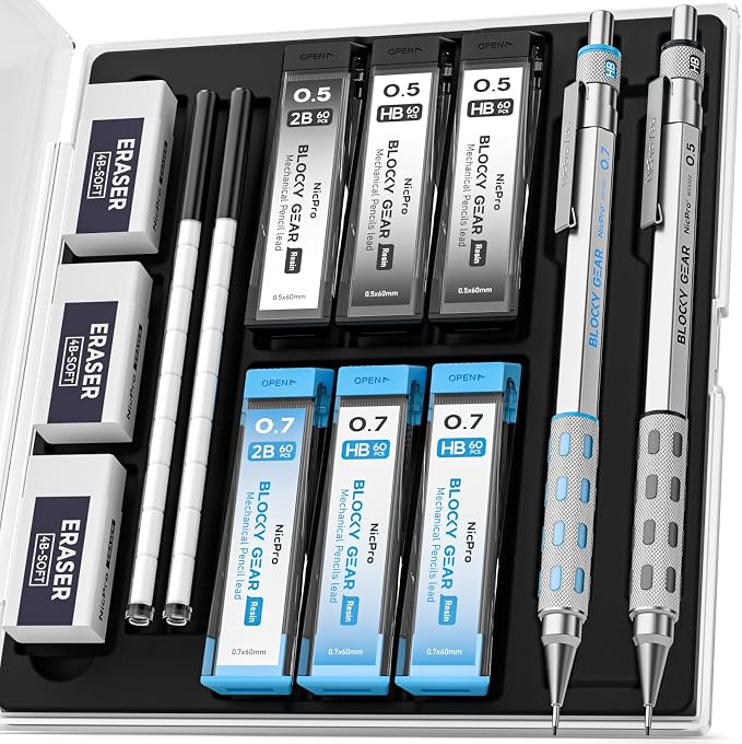 Nicpro Blocky Gear 0.5 mm & 0.7 mm Mechanical Pencils Set in Case