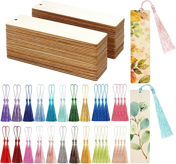 50 Pcs Wooden Bookmarks, Unfinished Wooden Bookmarks with 50 Pcs Tassels, DIY Blank Wood Bookmark for DIY Art Crafts, Birthday Gifts, Christmas Party Decoration (Rectangular Shape)