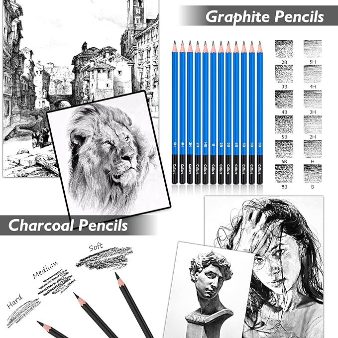 Caliart 176PCS Art Supplies Sketching Kit, 100 Sheets 3-Color Sketch Book | Graphite Colored Charcoal Watercolor & Metallic Pencils, Drawing Supplies Set Gifts for Adults Teens Girls Boys Kids