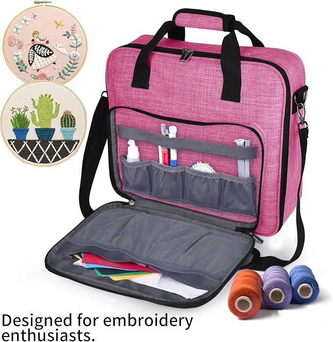 BAGLHER Cross Stitch & Embroidery Organizer Bag - Large Portable Project Storage with 3 Compartments, Travel Friendly Carrying Case for 11.2" Hoops, Threads, Supplies (Pink)
