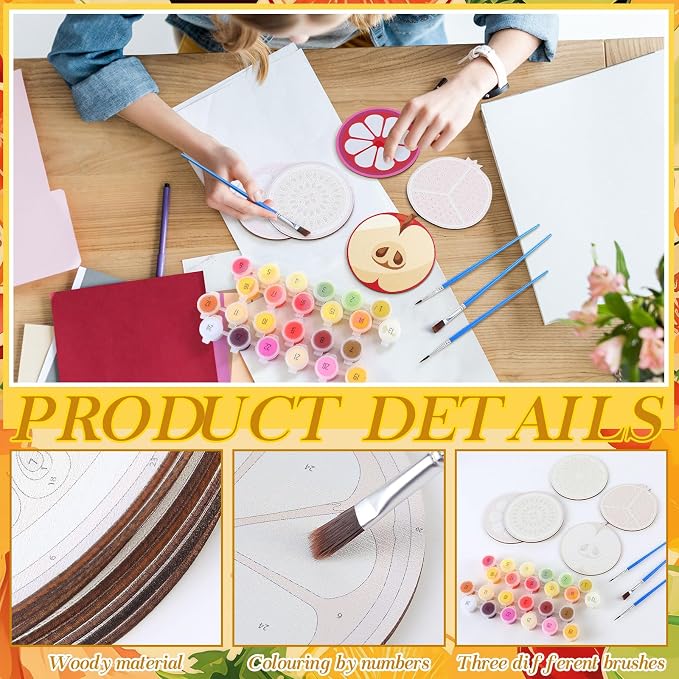 Reallnaive 8 Pcs Fruit Paint by Numbers Kit for Adults Wooden Coasters | Mini Paint by Numbers, Tiny Round Oil Painting Drink Coaster with Holder, for Small DIY Craft Birthday Gift