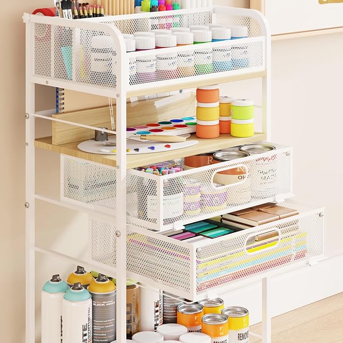 Homsorout Art cart, 5 Tier Rolling Cart - Utility Cart with Storage Drawer and Wheels, Versatile Art & Craft Organizer for Home, Office, or Studio Ideal for Storing Brushes, Paints （Maple）
