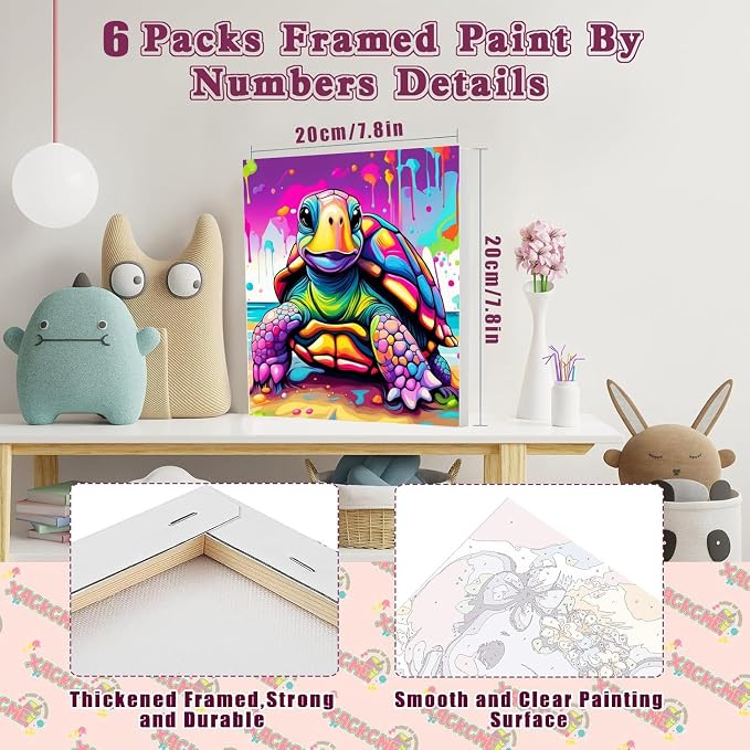 6 Pack Framed Paint by Numbers Kit for Kids, Horse Color By Number Painting Kits for Kids Ages 4-8-12, Cat Giraffe Paint by Numbers Canvas Children DIY Paints by Number Kits for Beginners 8x8Inch