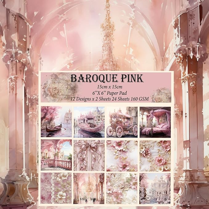6x6" Cardstock Single Sided Scrapbooking,Craft Decorative Scrap Book Paper | 160gsm,24-Sheet 12Patterns Colored Paper,Junk Journal Supplies,Vivid Origami Papers DIY Craft Gift Wrapping Album.BaroquePink