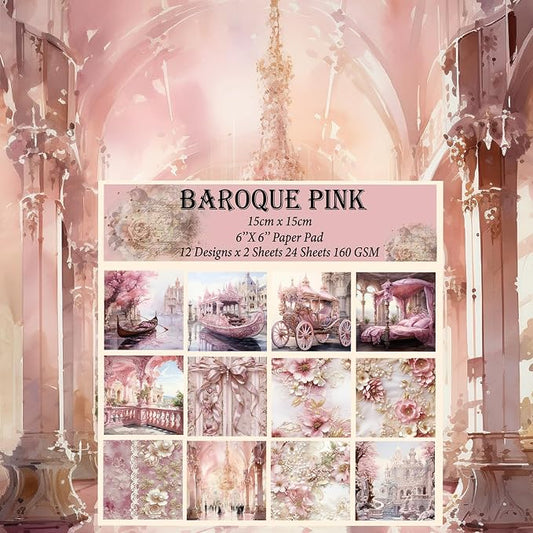 6x6" Cardstock Single Sided Scrapbooking,Craft Decorative Scrap Book Paper | 160gsm,24-Sheet 12Patterns Colored Paper,Junk Journal Supplies,Vivid Origami Papers DIY Craft Gift Wrapping Album.BaroquePink
