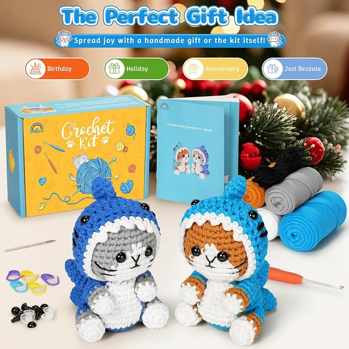 Fortuning's JDS Crochet Kit for Beginners, 2 PCS Shark Cat Crochet Kits