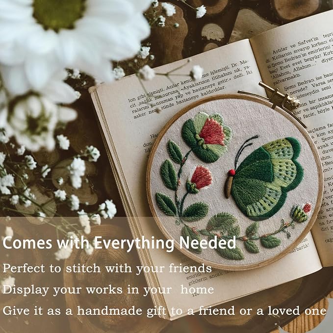 FONNUY Green Plants Embroidery Kit, Cross Stitch Kits for Beginners, Handmade Crafts with Printed Patterns for Beginner Adults, Easy to Follow Color Thread Needlework, 8'' Hoop (Butterfly)