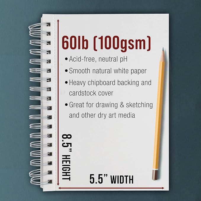 U.S. Art Supply 5.5"x8.5" Sketch Book Pad, Spiral Bound 100 Sheets, 2-Pack | 60lb (100gsm) Spiral Bound - Sketching, Drawing Acid-Free Paper - Sketch Pads For Adults, Students: Colored Pencils, Charcoal